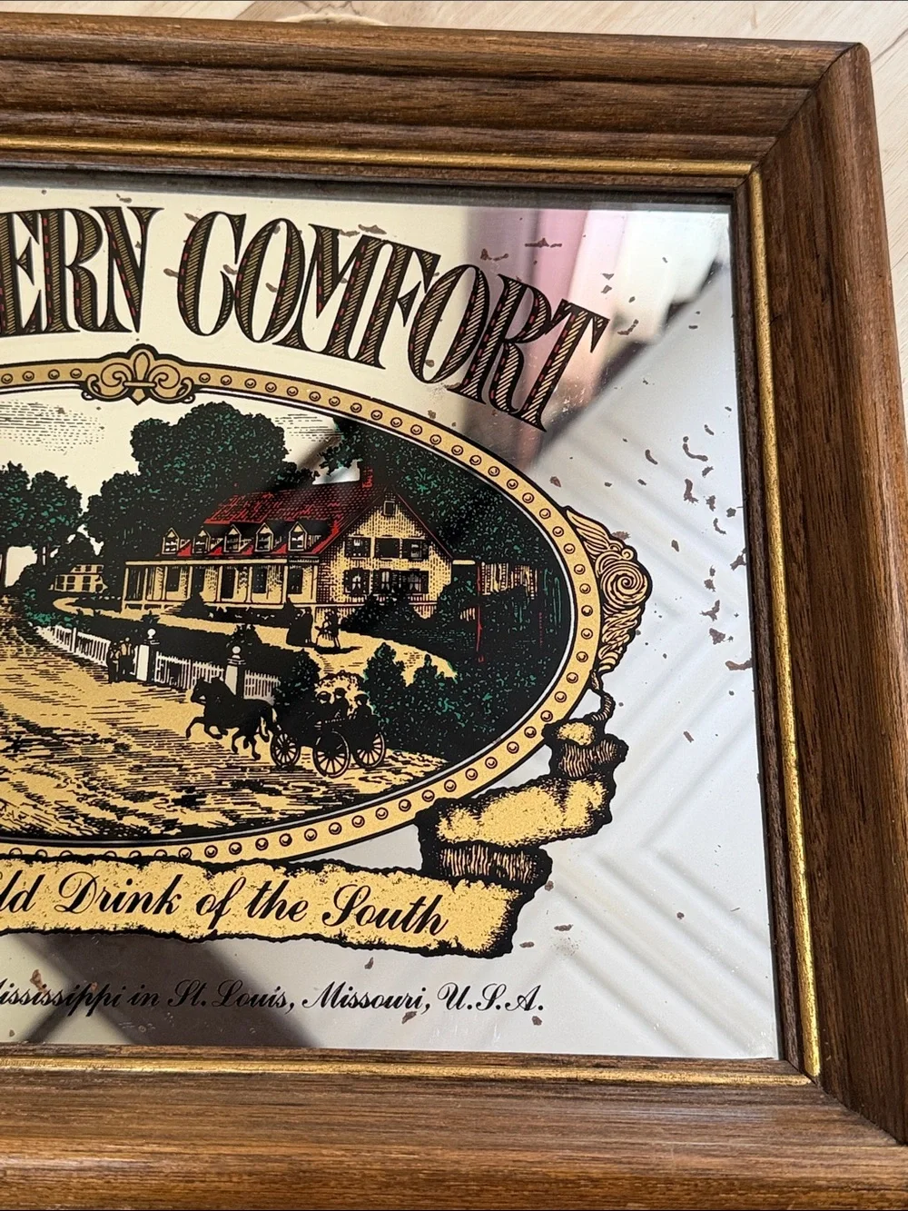 Southern Comfort Frame Advertising Mirror St. Louis Mississippi River Rustic Bar